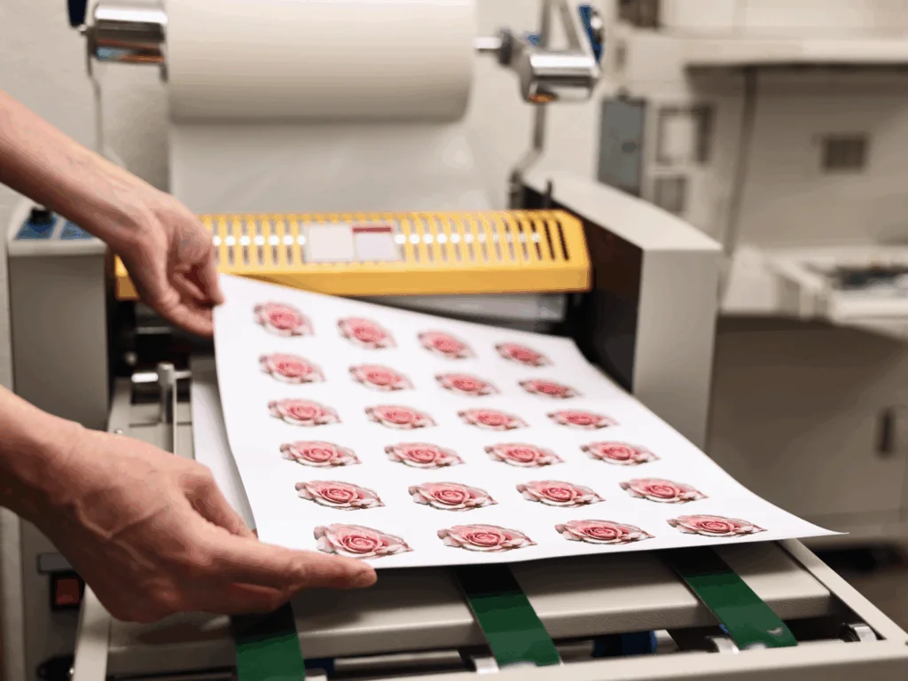 A person is taking freshly printed rose stickers from a printer.