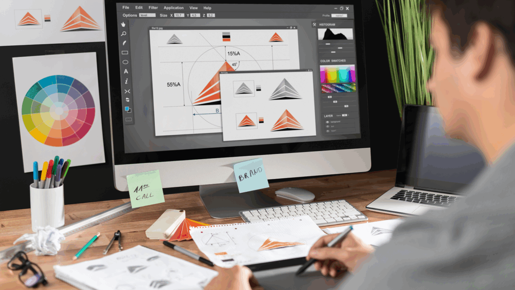 Mastering business card design A graphic designer is developing visual elements of brand identity.