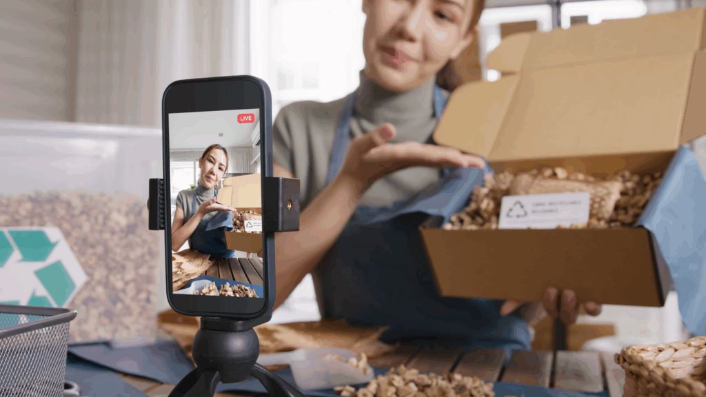 Monetize your own social media channels A woman presenting a product live on social media using a mobile phone.