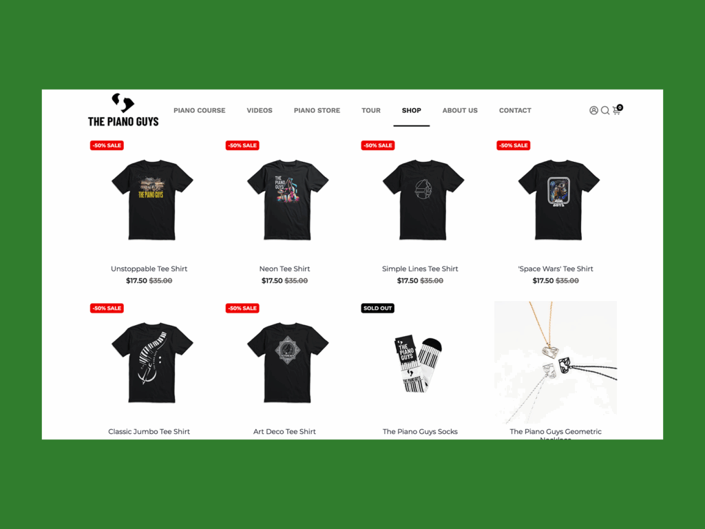 Paino Guys The Piano Guys online store screenshot mockup.