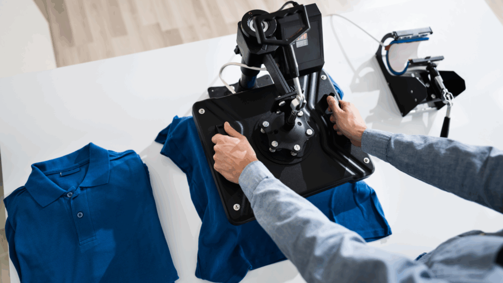 Pick the best business model and sales channels A person operates a machine to create a shirt, showcasing the garment-making process in action.