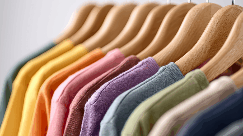 Multiple t-shirts in different colors on hangers.