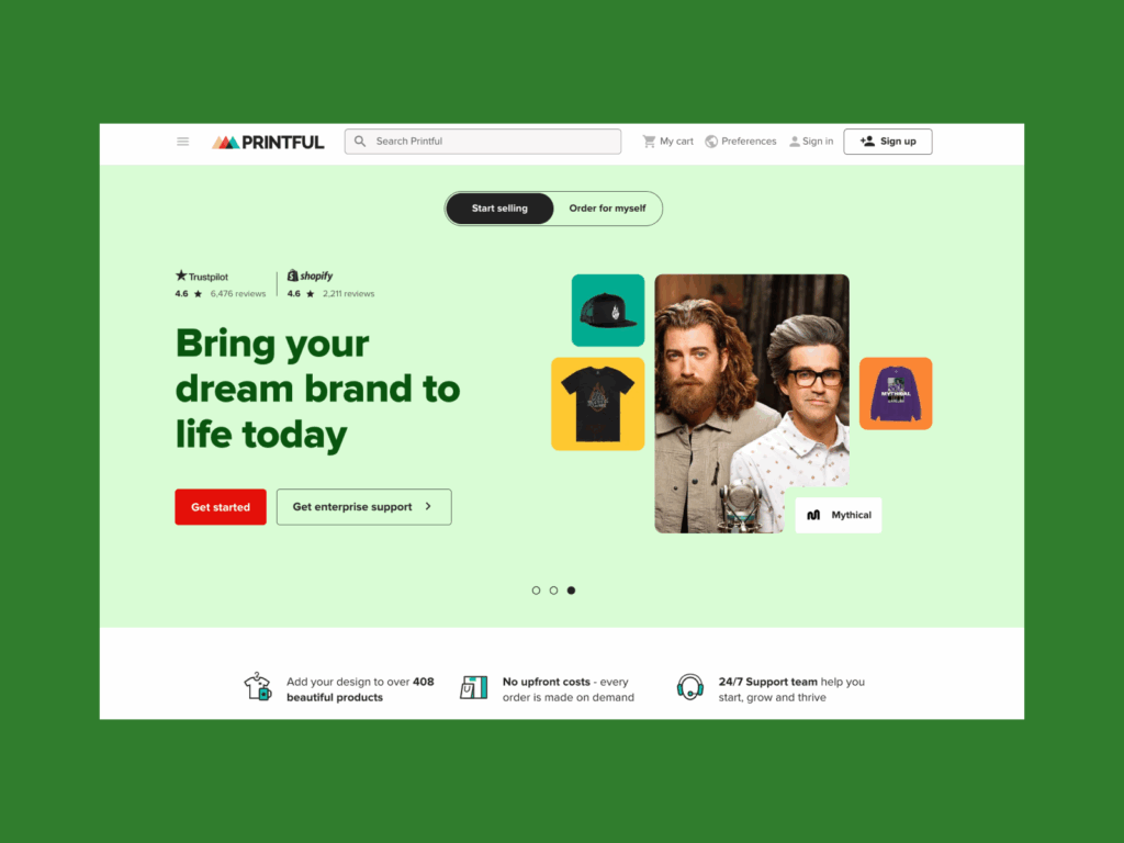 Printful Best print on demand companies A screenshot of the Printful landing page.