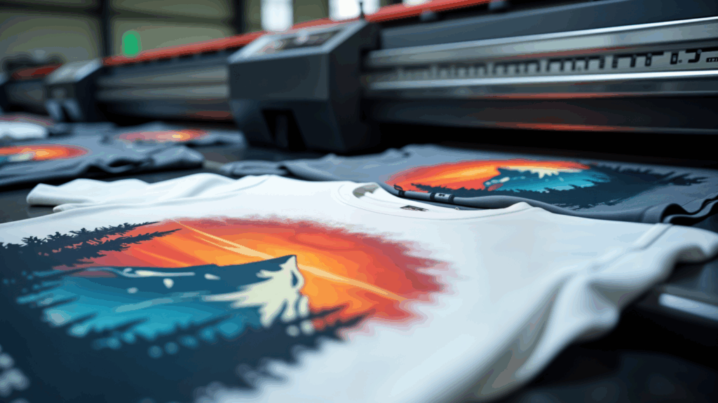 Printing process T-shirts with a mountain-themed print next to a printer.