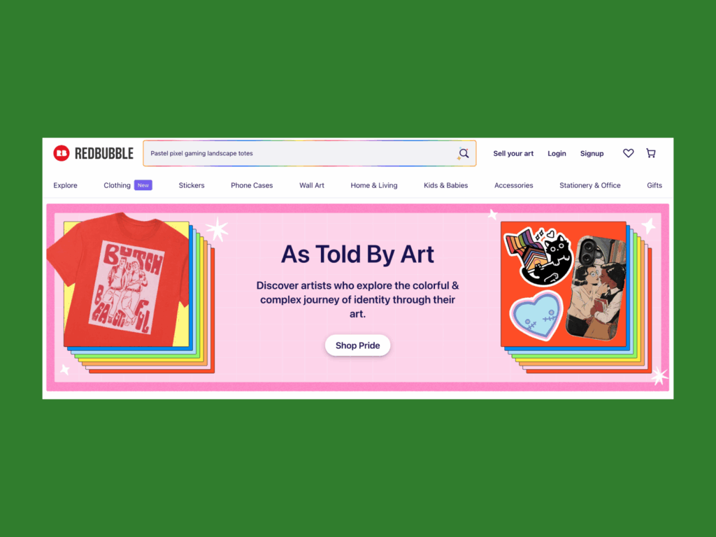 Redbubble Best print on demand companies A screenshot of the Redbubble landing page.