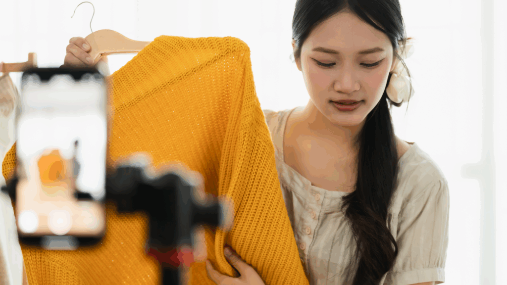 Sell on TikTok with Printify A woman is presenting a yellow sweater using a mobile phone.