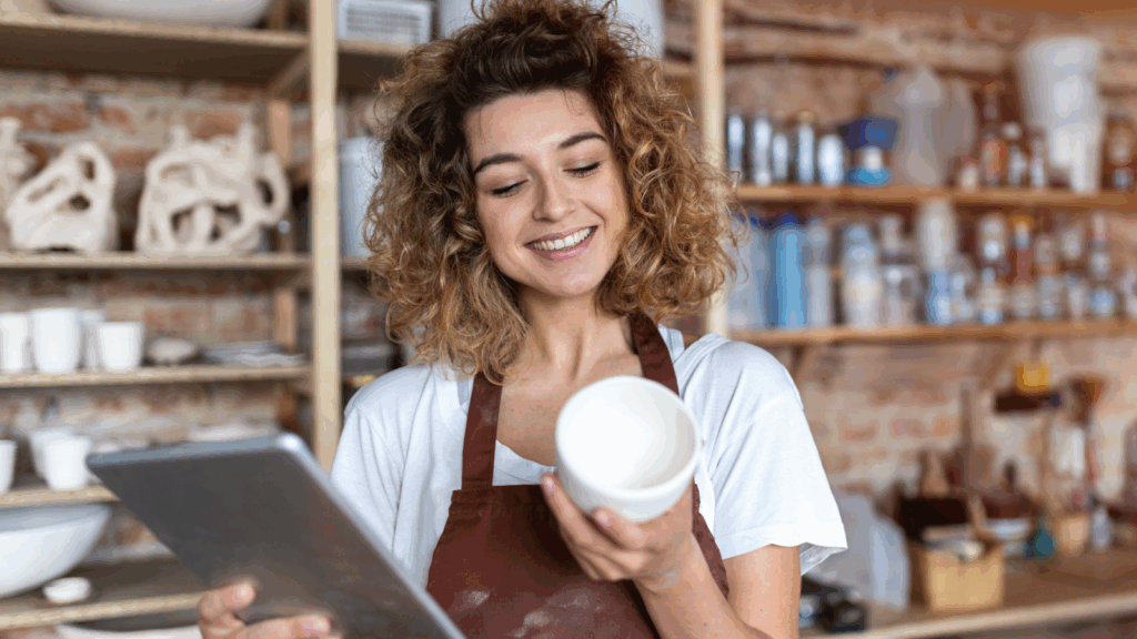 Sell your art A woman in an apron holds a tablet, intently looking at the screen while standing in a kitchen setting.