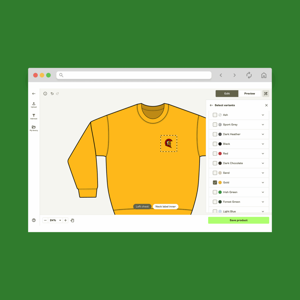 Start designing A screenshot mockup of Printfy’s Product Creator.