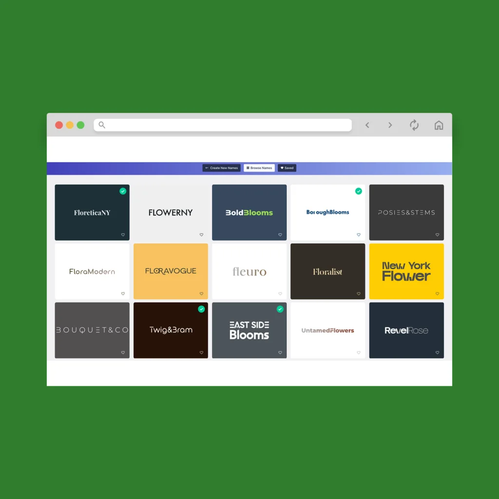 Use name generators and AI tools A screenshot mockup of logos made using Namelix.