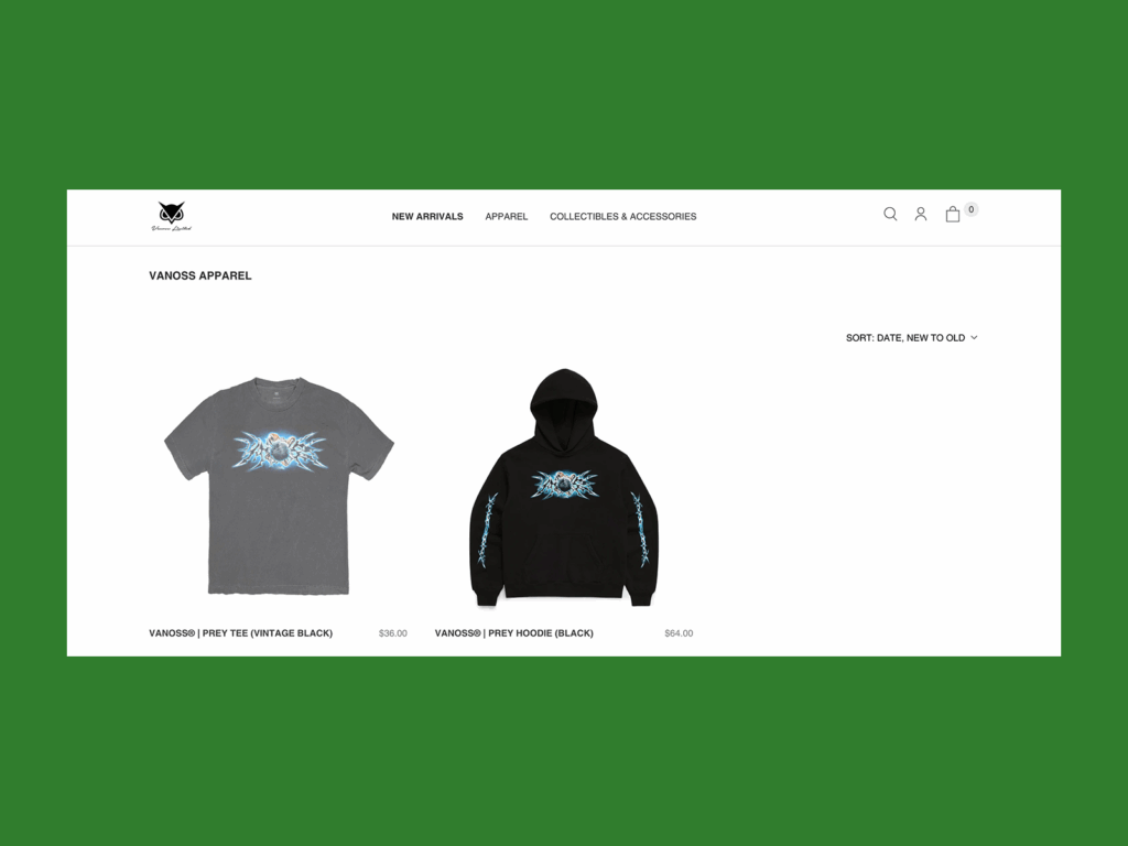 Vanoss Vanoss online store screenshot mockup.