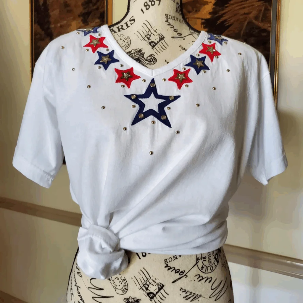 White vintage 4th of July-themed t-shirt with stars.