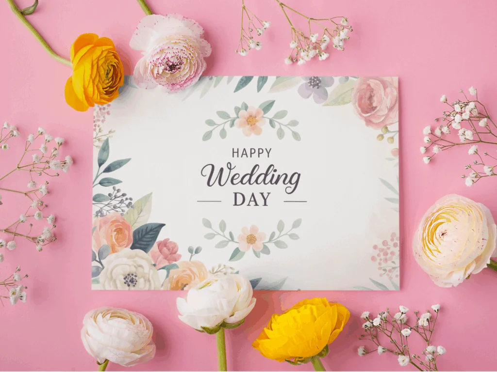 A Wedding day card on a pink background.