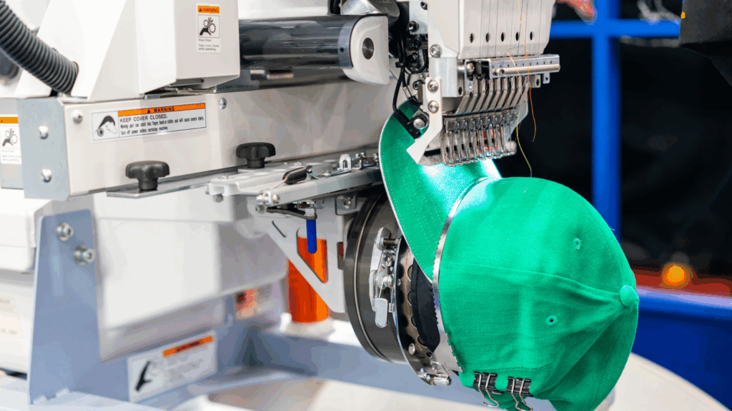 Why choose embroidery for your POD store A green cap is being embroidered.