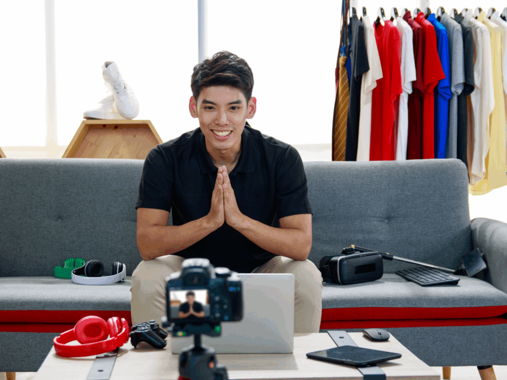Work smarter not harder Design cool YouTuber merch with Printify A young man is filming himself with different YouTube merch in the background.