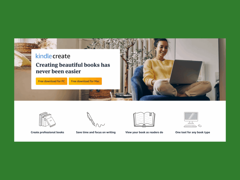 kindle create A screenshot of the Kindle create landing page.