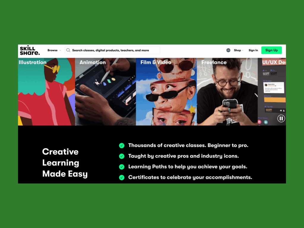 skillshare A screenshot of the Skillshare landing page.
