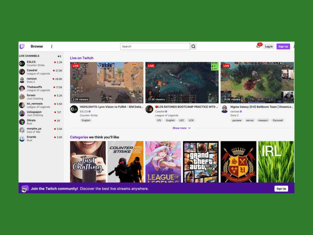 twitchh A screenshot of the Twitch landing page.