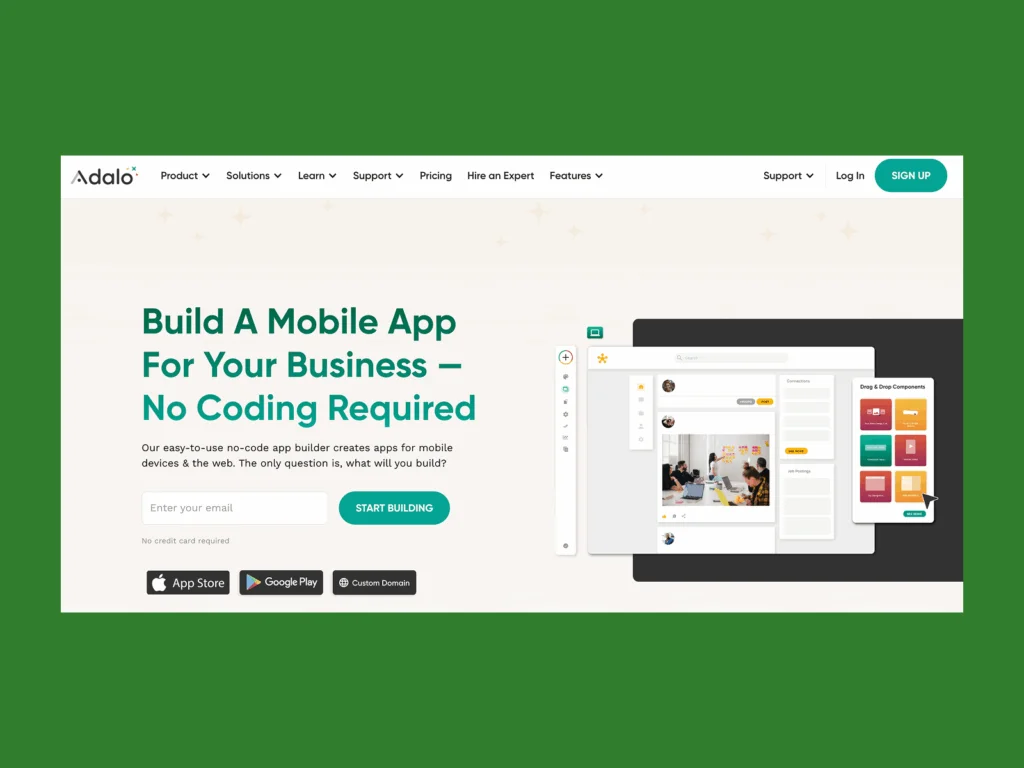 Adalo’s homepage hero section screenshot mockup as an example of a top saas company.