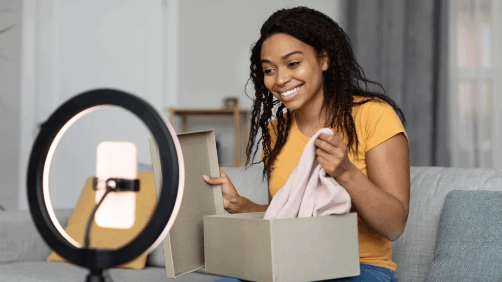 A smiling young woman is presenting a product and recording herself to sell the product using TikTok Shoppable Videos.