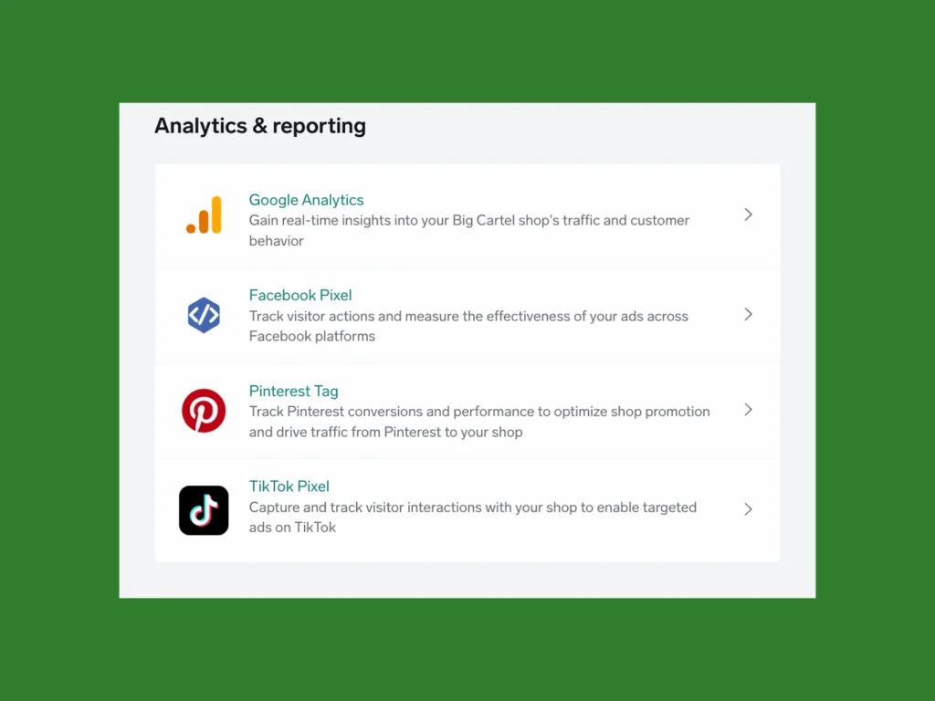 A screenshot mockup showing Big Cartel’s analytics and reporting apps.