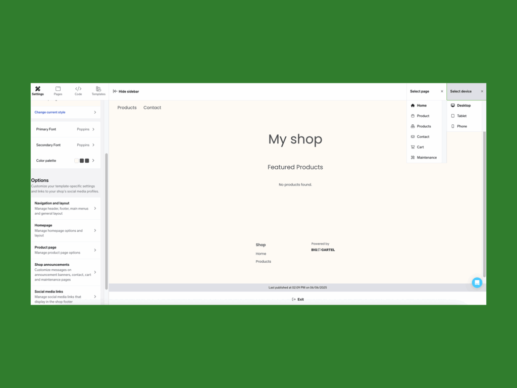 A screenshot mockup showing Big Cartel’s theme designer.