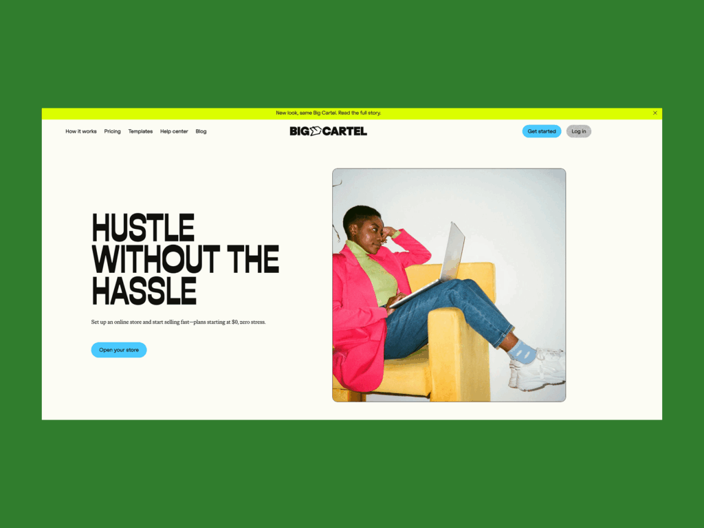 A screenshot mockup of Big Cartel’s homepage hero section.