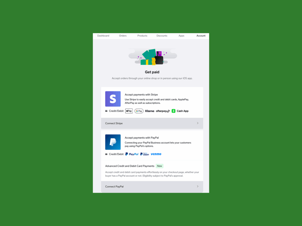 A screenshot mockup showing Big Cartel payment options.