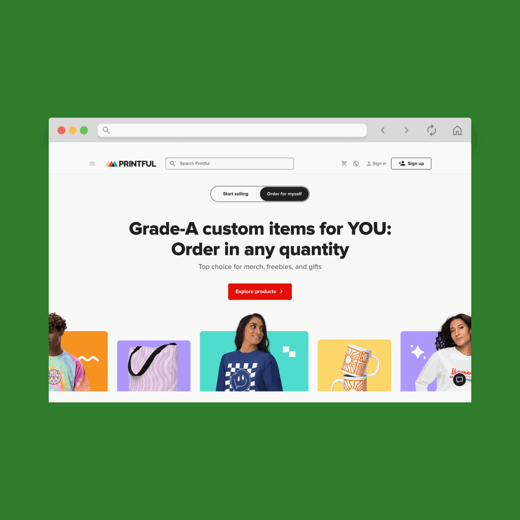 A screenshot mockup of Printful’s homepage hero section.