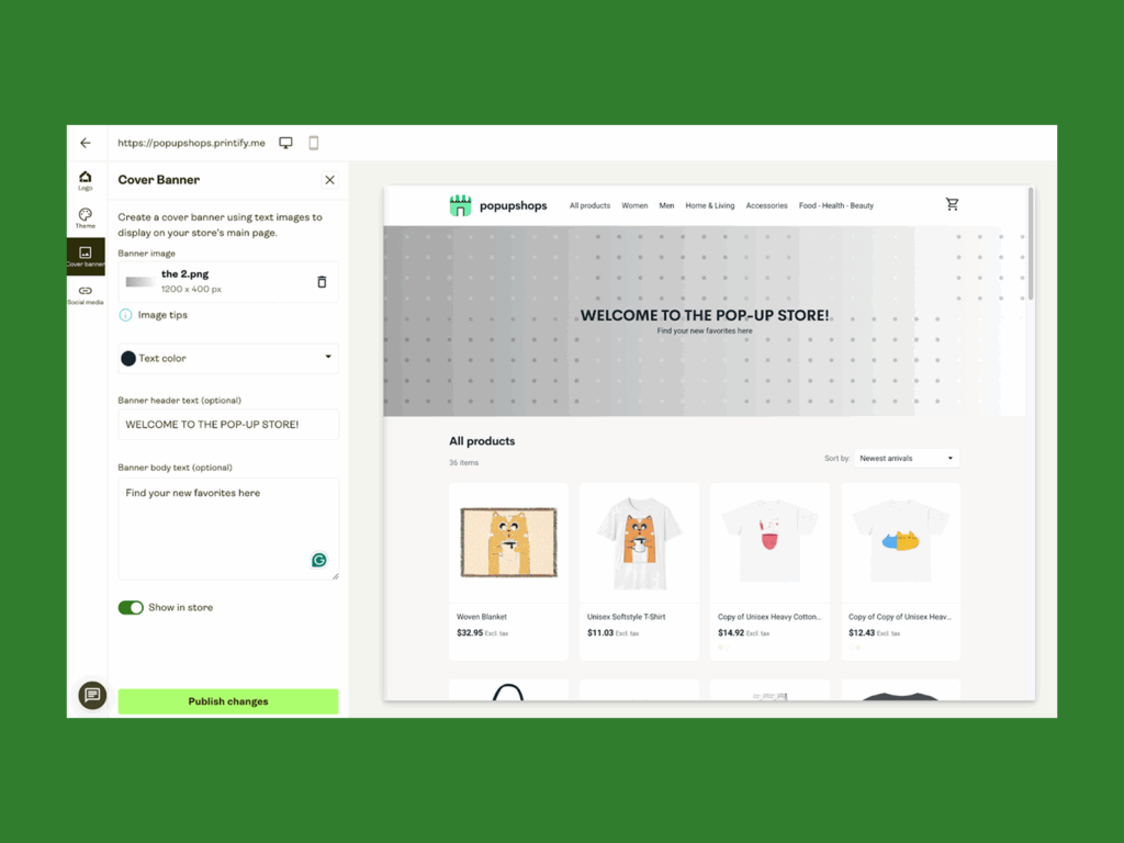 A screenshot mockup explaining how to add a cover to a Printify Pop-Up Store.