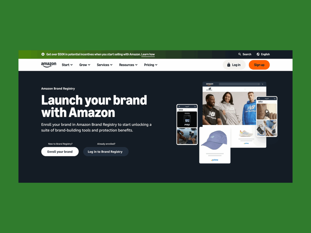 A screenshot mockup of Amazon’s Brand Registry homepage hero section.