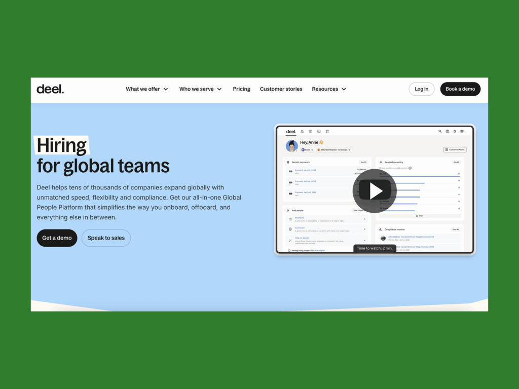 Deel’s homepage hero section screenshot mockup as an example of a top saas company.