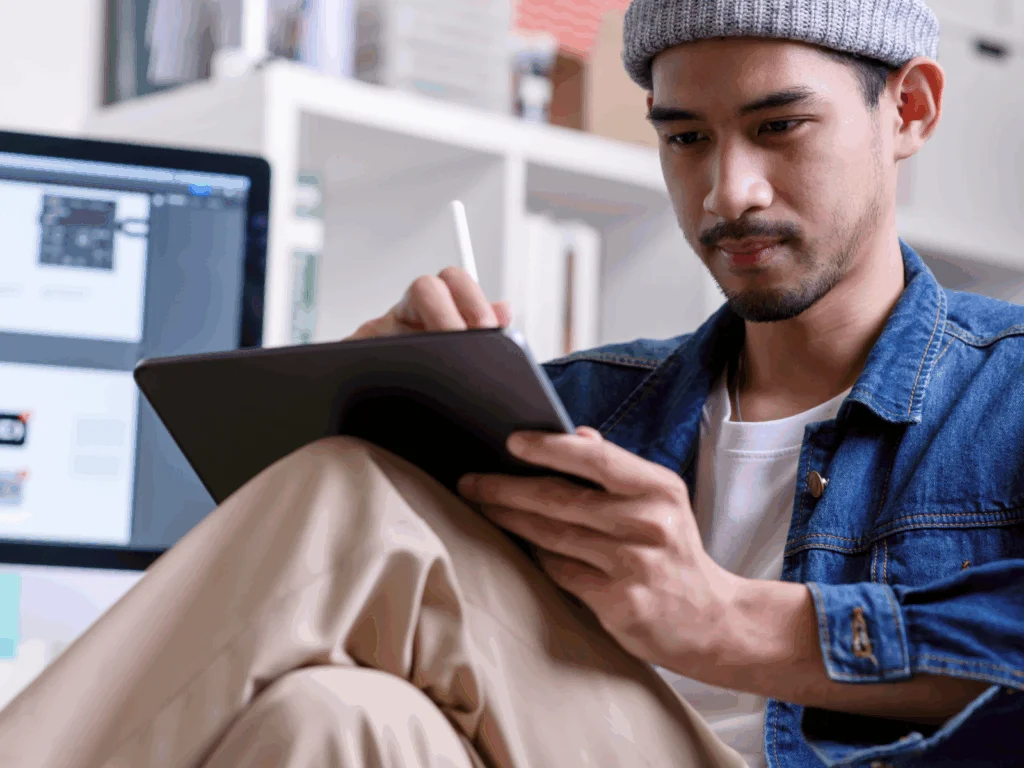 A man is sitting in a chair and drawing a t-shirt design using a pad.