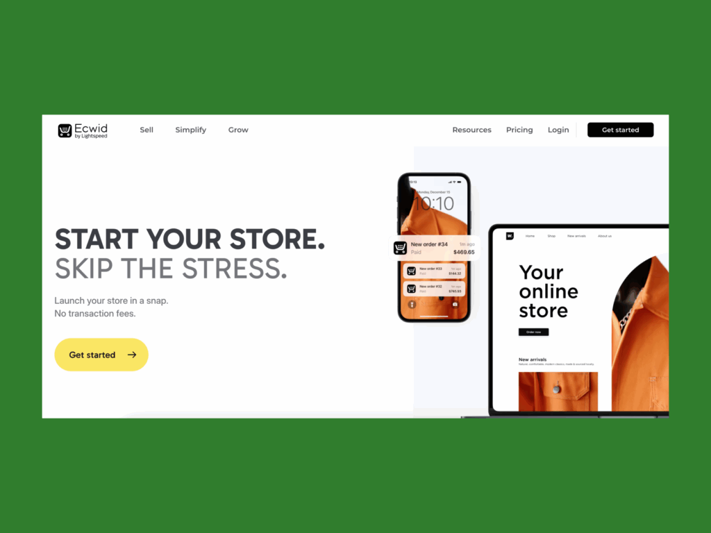 A screenshot of a Ecwid landing page.