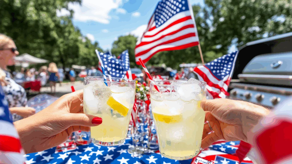 A 4th of July celebration with many US flags and people drinking lemonade.