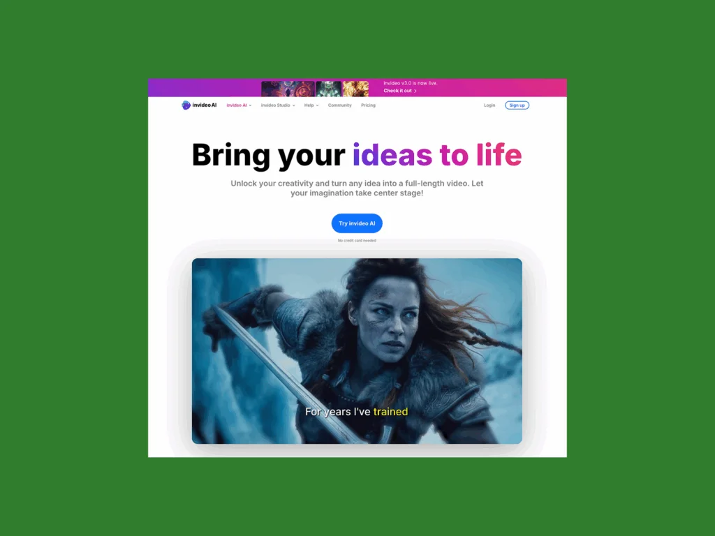 InVideo’s homepage hero section screenshot mockup as an example of a top saas company.