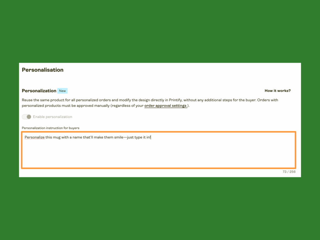 A screenshot mockup explaining how to enable buyer product personalization in Printify’s Pop-Up Store.
