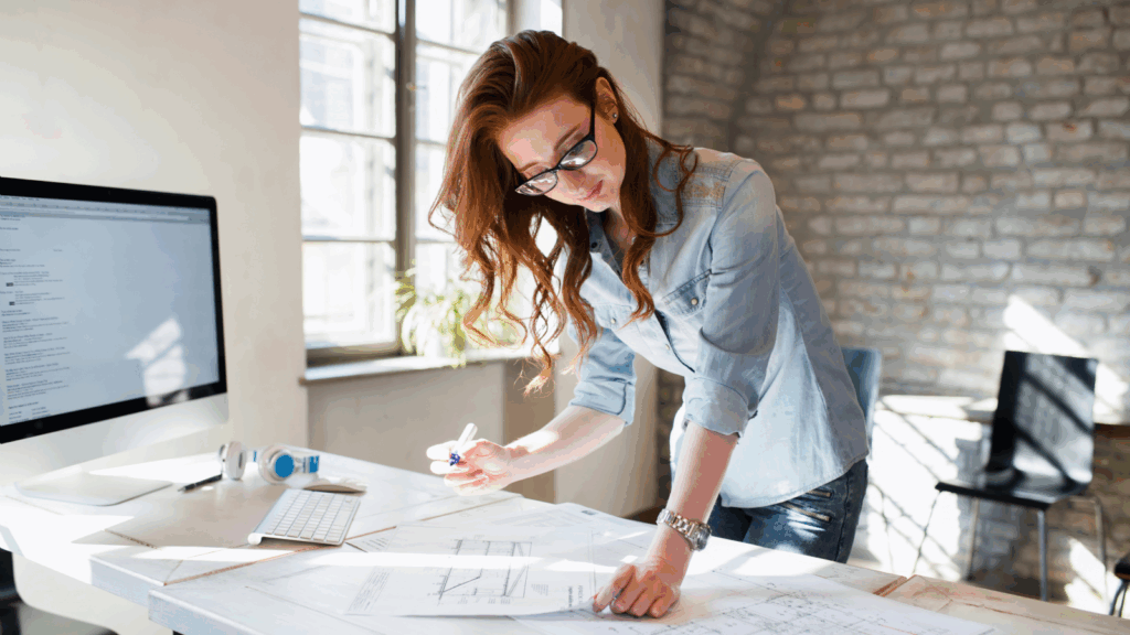 A woman interior designer is standing next to a desk and looking at interior design files.