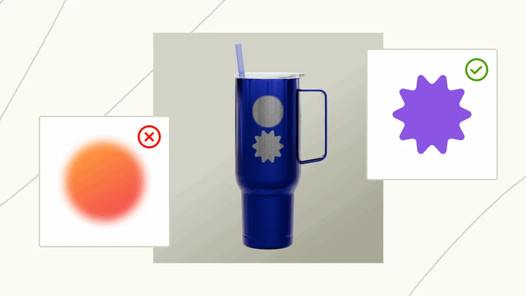 A blue tumbler with laser-engraved forms, showing requirements for laser engraving.