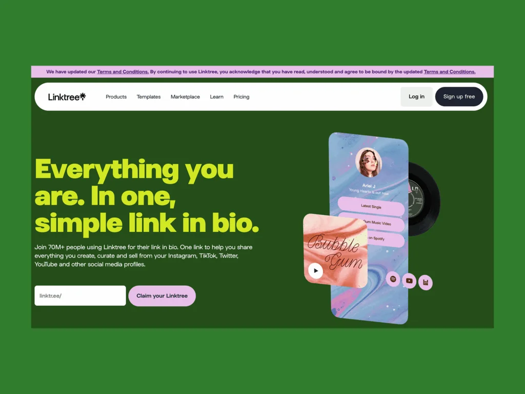 Linktree’s homepage hero section screenshot mockup as an example of a top saas company.