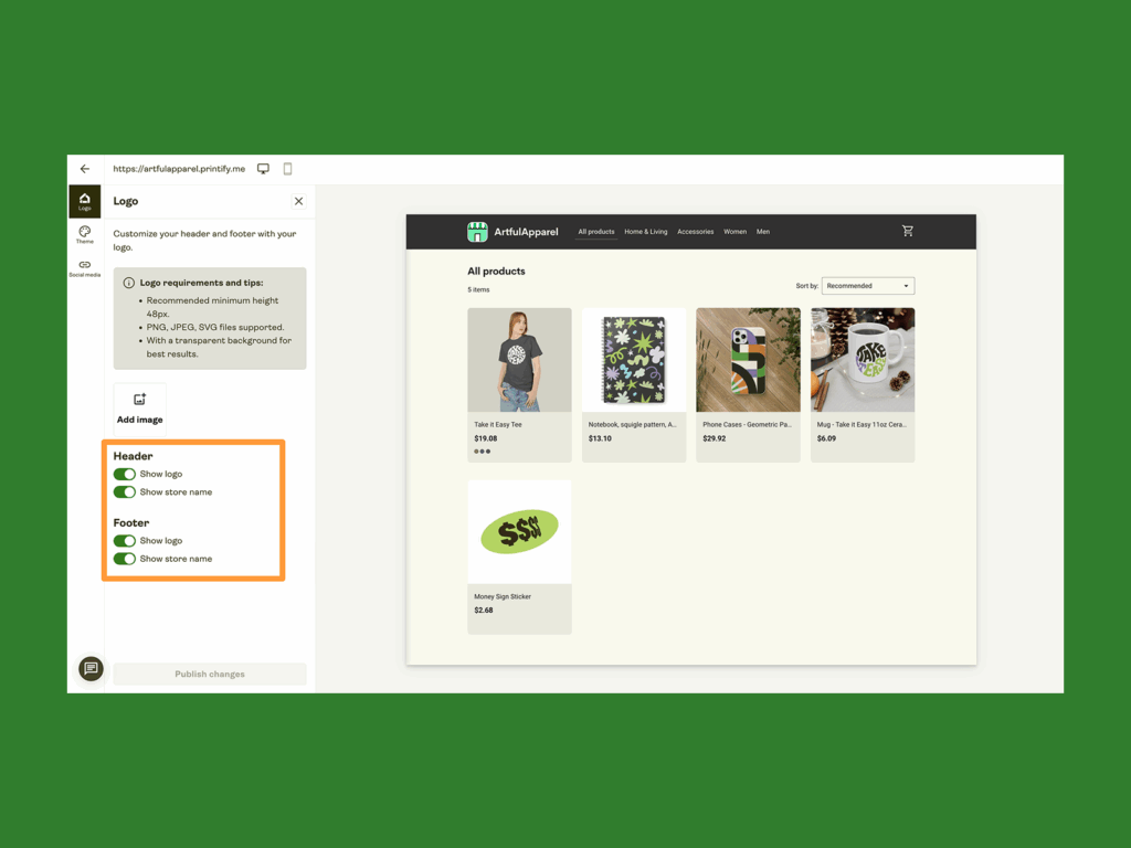 A screenshot mockup explaining how to make logo adjustments in a Printify Pop-Up Store.