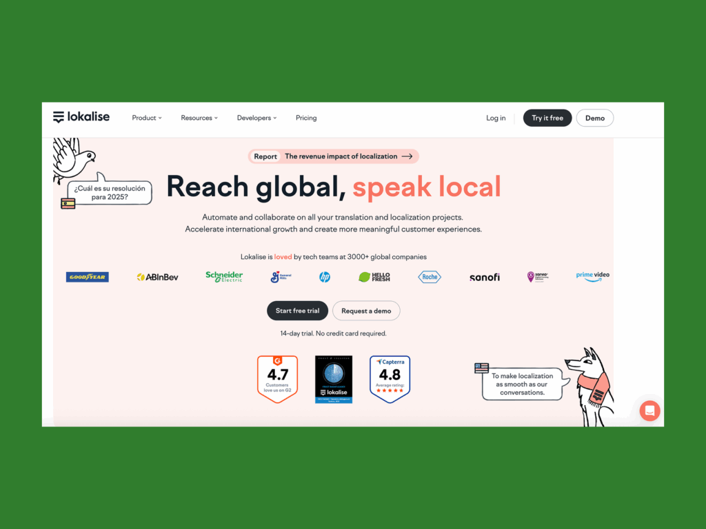 Lokalise’s homepage hero section screenshot mockup as an example of a top saas company.
