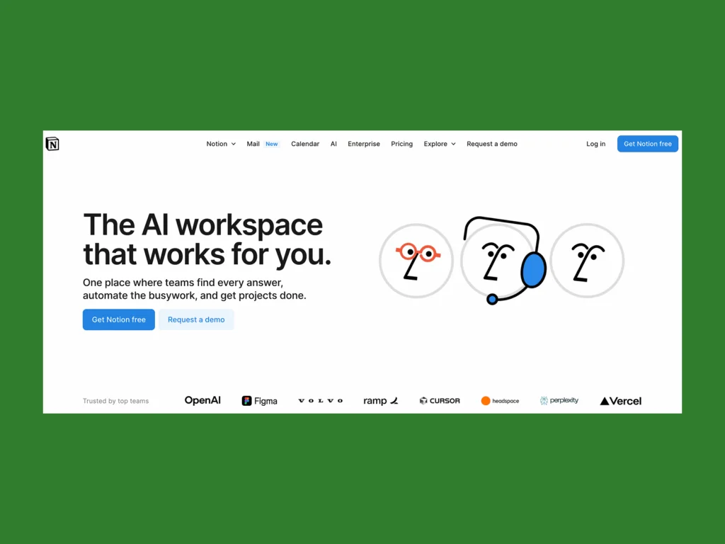 Notion’s homepage hero section screenshot mockup as an example of a top saas company.