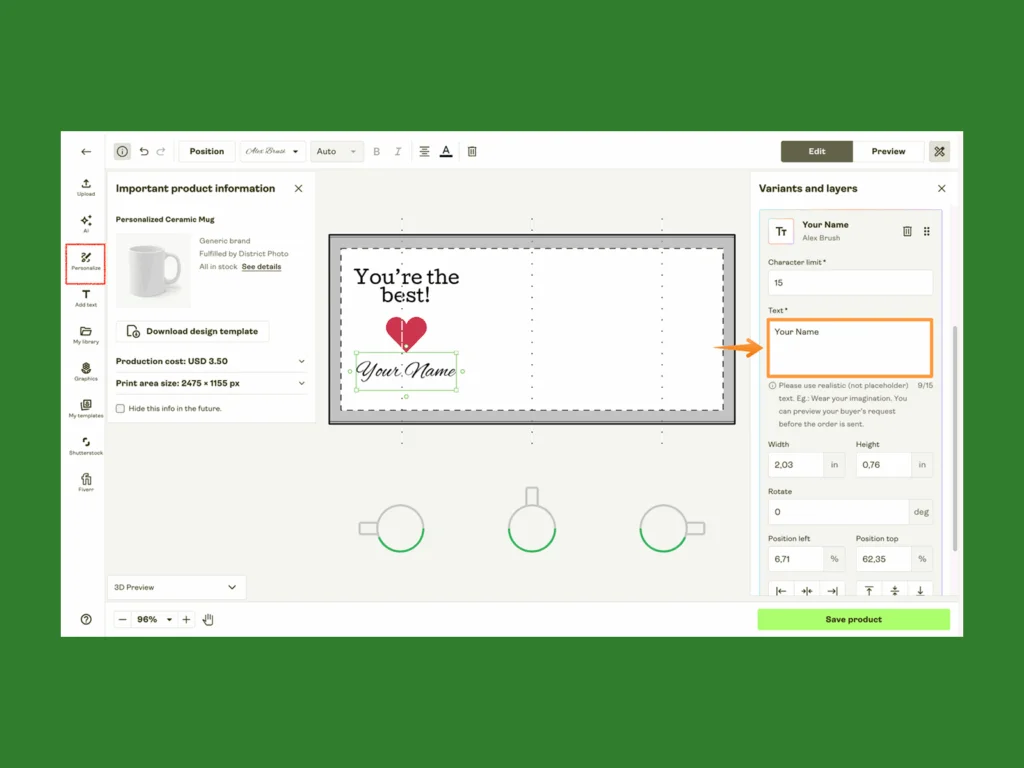 A screenshot mockup explaining how to personalise a product using Printify’s Product Creator.
