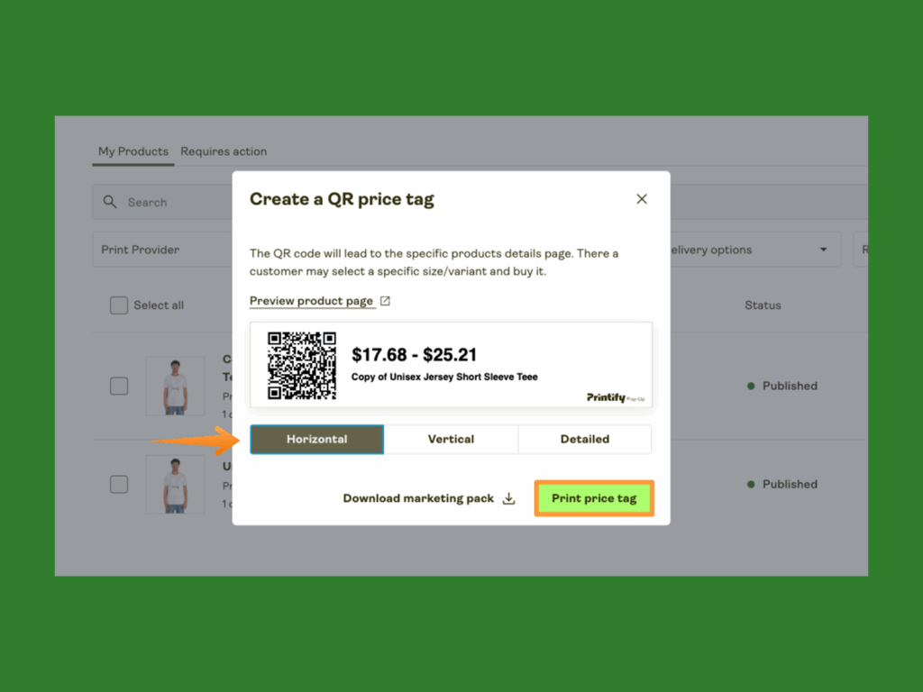 A screenshot mockup explaining how to create a QR price tag in a Printify Pop-Up Store.