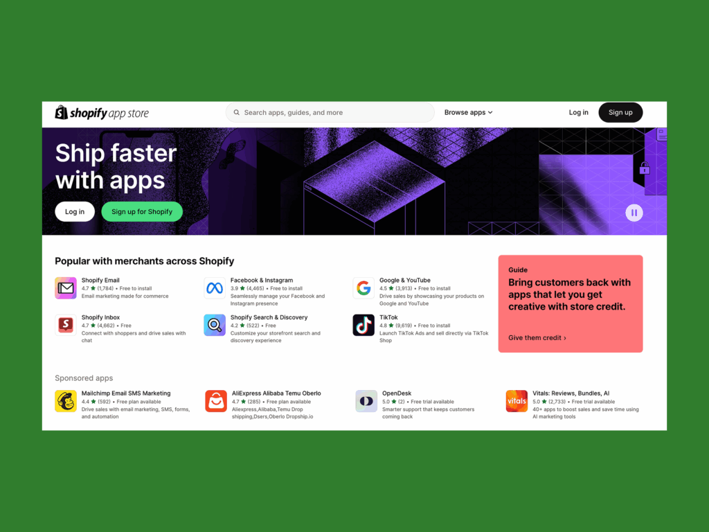 Shopify’s app store homepage hero section screenshot mockup.
