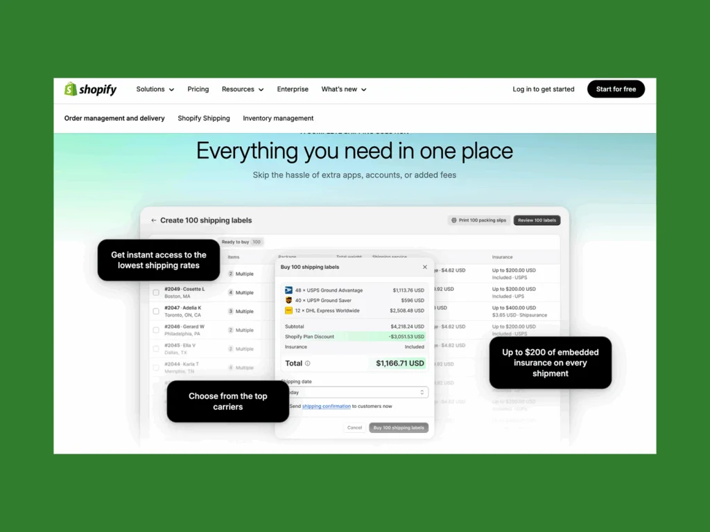 A screenshot mockup of Shopify’s shipping page.