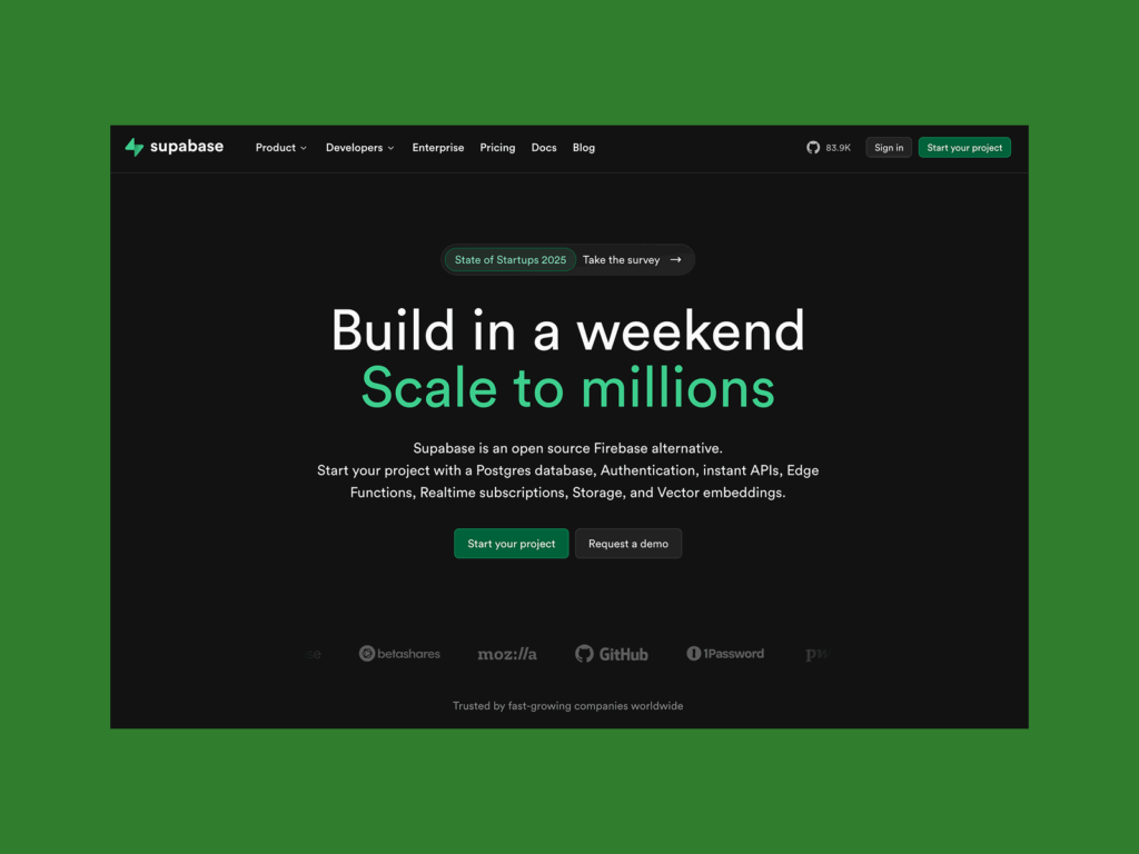 Supabase’s homepage hero section screenshot mockup as an example of a top saas company.
