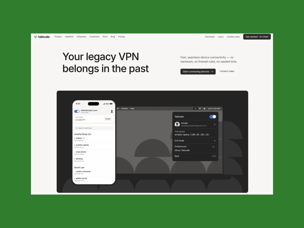 Tailscale’s homepage hero section screenshot mockup as an example of a top saas company.