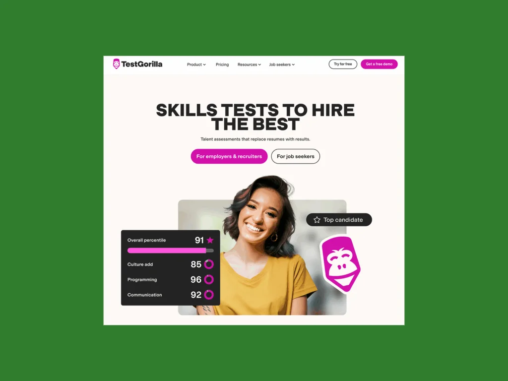 TestGorilla’s homepage hero section screenshot mockup as an example of a top saas company.