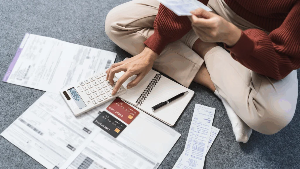 A woman is using a calculator to count expenses.